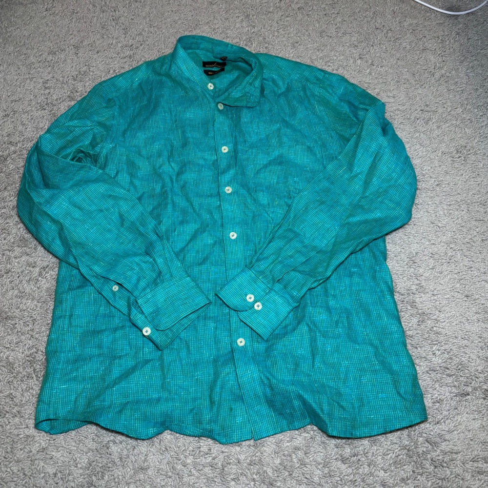 Bonvivant Mens Teal 100% Linen Button Down Shirt Textured Long Sleeve Size 15.5